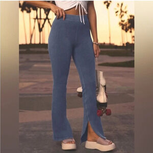 Fabletics cloud seamless high waisted pants split flare ribbed blue light indigo